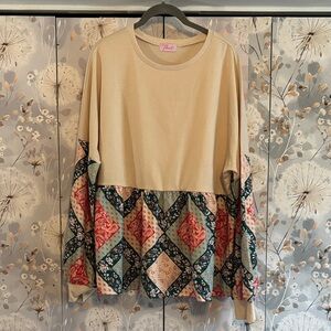 Floral Patchwork Long Sleeve Women's Top - Cream & Teal